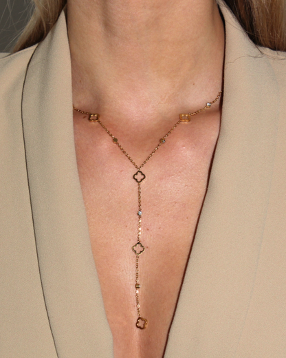 Chance | Collier tréfles long acier inoxydable et zircons